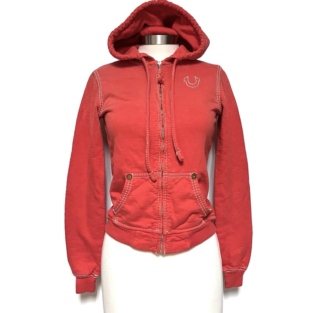 True Religion VTG Hoodie Womens Medium Y2K Red Full Zip Fleece Deep Stitch 90s - Picture 3 of 16